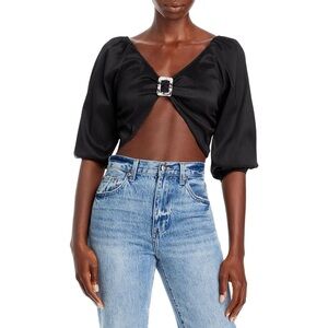 Hosbjerg Womens Elora Black V-Neck Buckle Tie Back Crop Top Blouse NWT XS